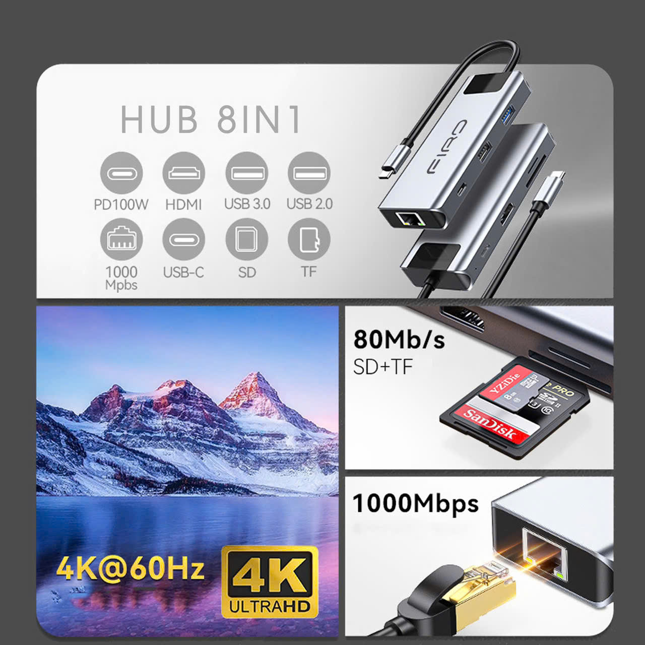 Hub Type-C FIRO 8in1 - Hub Chuyển Đổi Type-C To HDMI 8in1 Chuẩn HDTV - 1 Cổng HDMI 4K, 2 Cổng USB 3.0 / 2.0, 2 Khe Đọc Thẻ TF / SD, 2 Cổng PD / USB-C, 1 Cổng Mạng Lan - Kết Nối Tốc Độ Cao - Dùng Cho Smartphone/Laptop/PC/Tivi/Playstation - Hàng Chính Hãng