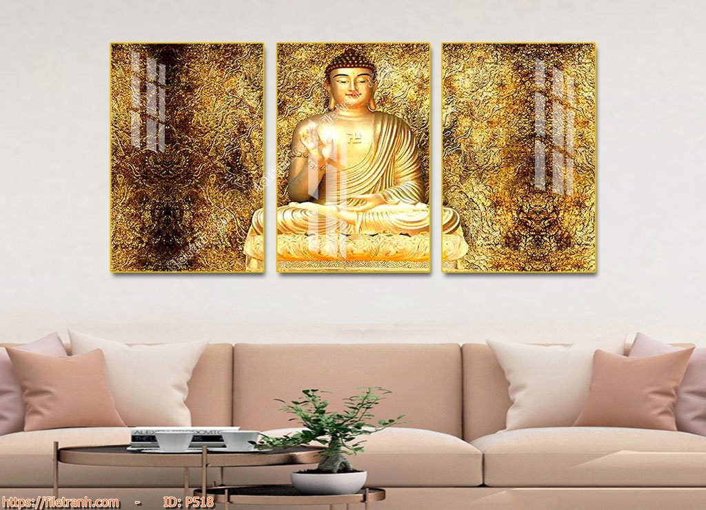Bộ 3 Tranh Tráng Gương Phật Giáo, Phật Thích Ca, Phật Di lạc, Quán Thế Âm Bồ Tát, Tam Thế Phật Treo Tường Cao Cấp