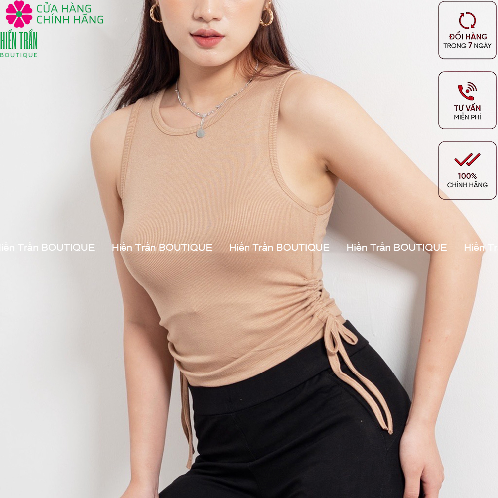 Áo ba lỗ croptop nữ Hiền Trần BOUTIQUE sát nách kiểu dây rút hai bên không tay dáng ôm body tank top vải cotton co giãn tốt