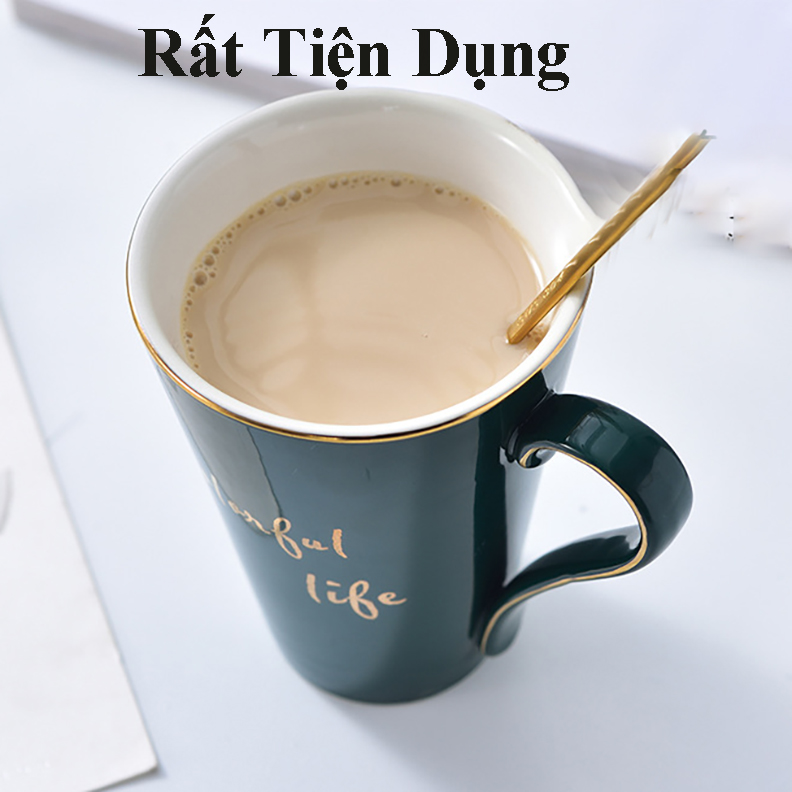 Ly Cốc Chén uống Nước Trà Cafe Sinh Tố bằng men gốm Ngọc Lục Bảo màu xanh ngọc tặng kèm thìa khuấy vàng sang trọng,Kích thước 12 x 12 x 9 cm,dung tích 400ml - Ly Cốc Chén uốn trà cafe