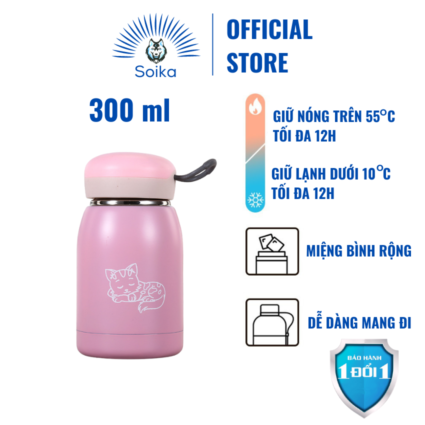 Bình Giữ Nhiệt Cute Cho Bé SOIKA ST01300 Inox 304 300ml Cách Nhiệt Chân Không Hình Con Mèo Nhiều Màu