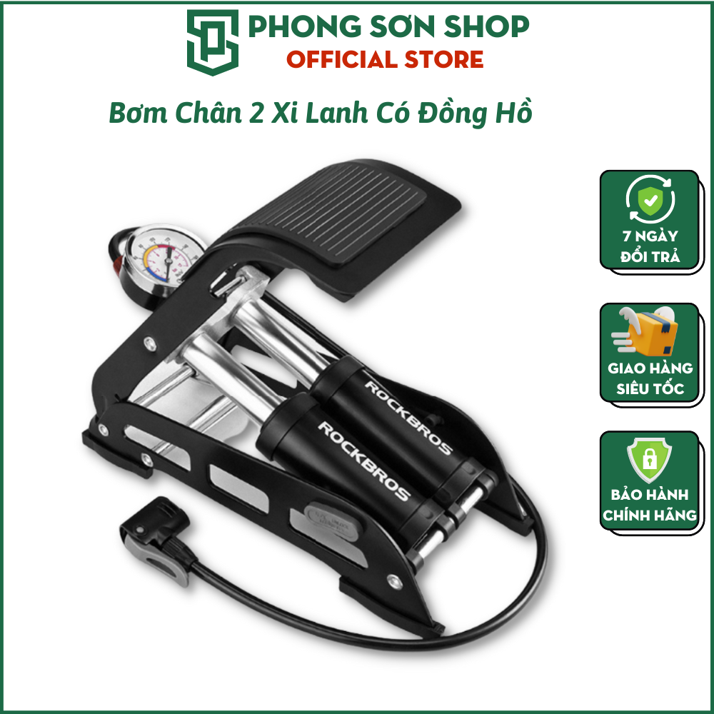 Bơm hơi đạp chân 2 xi lanh Rockbros, đồng hồ hiển thị áp suất, lực bơm cực khỏe - Hàng chính hãng