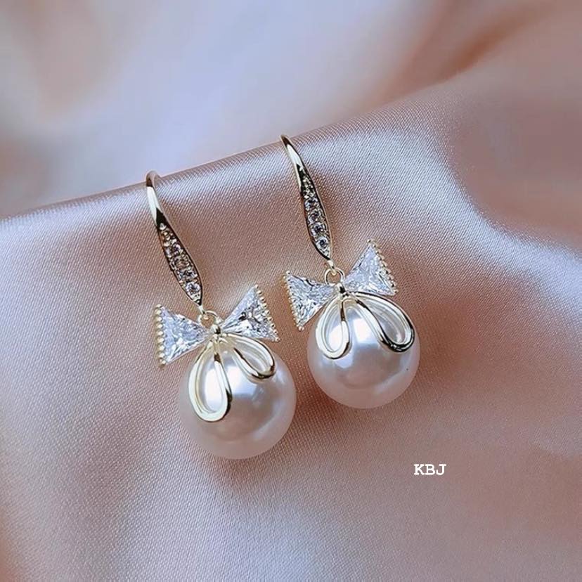 Bông tai bạc hình nơ gắn trai chất liệu bạc s925 MS75a