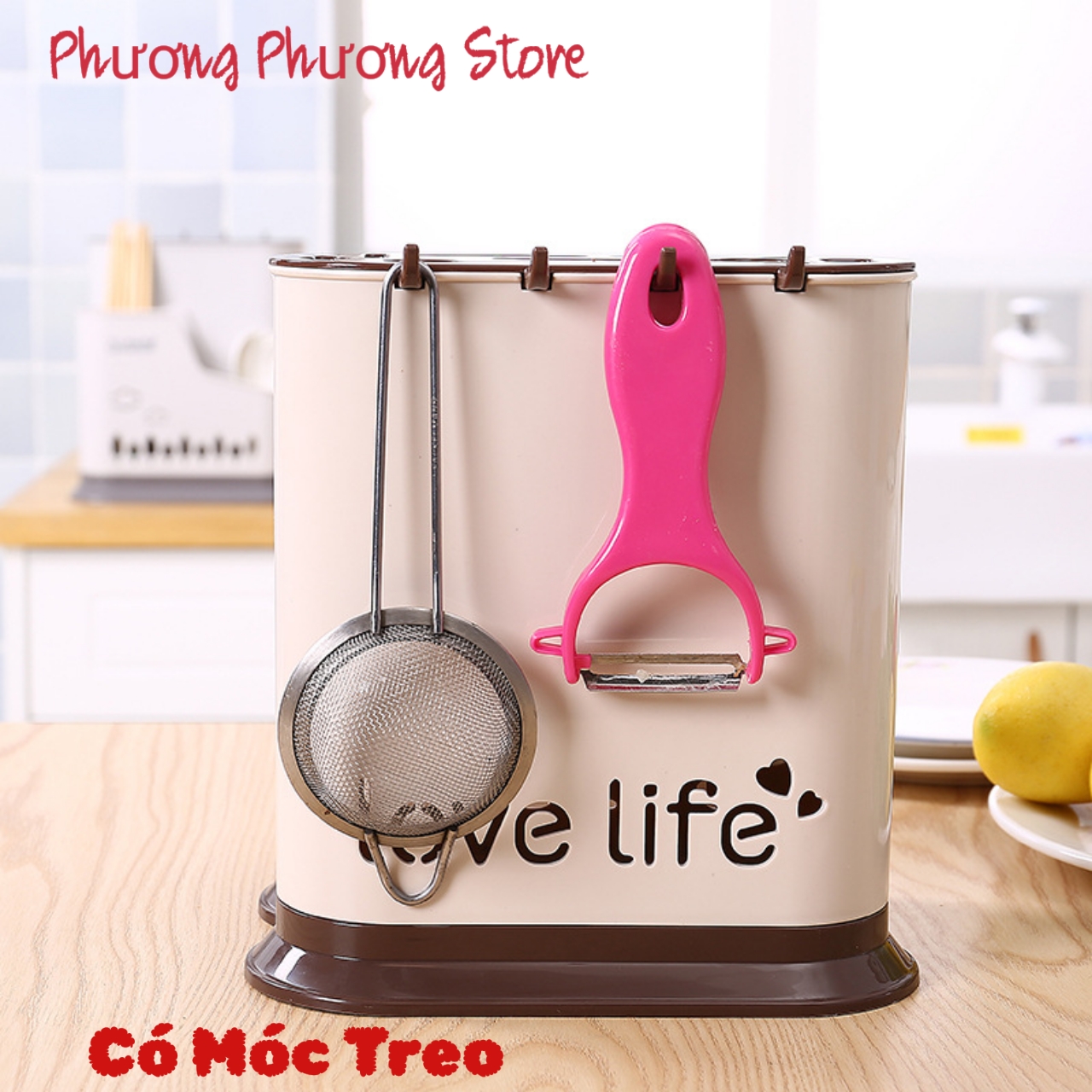 Giá Kệ Đựng Đũa Thìa Có Móc Treo Kèm Khay Cắm Dao Kéo Nhựa VN - Tặng 1 móc dán tường to