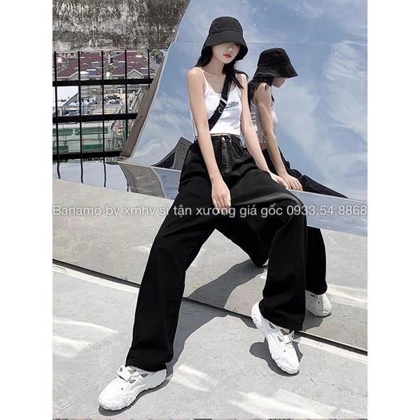 Quần jean nữ ống rộng gài eo cạp cao phong cách Hàn Quốc thời trang Banamo Fashion quần jean nữ cài eo 969