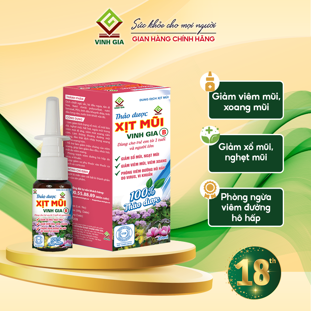 Thảo Dược Xịt Mũi VINH GIA B Giảm Viêm Mũi Viêm Xoang, Sổ Mũi, Phòng Ngừa Viêm Đường Hô Hấp Dùng Cho Người Lớn 20 ml