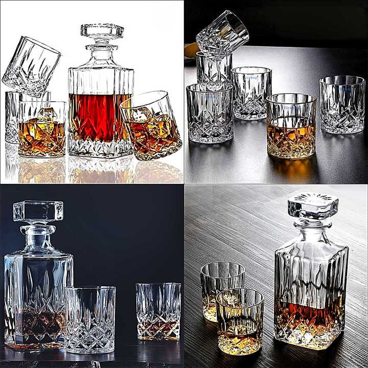 Bộ Chai Đựng Rượu Pha Lê kèm 4 ly whiskey decanter cao cấp - 4 mẫu lựa chọn - Bộ Bình Rượu Pha Lê nắp mài đặc nguyên khối không gioăng