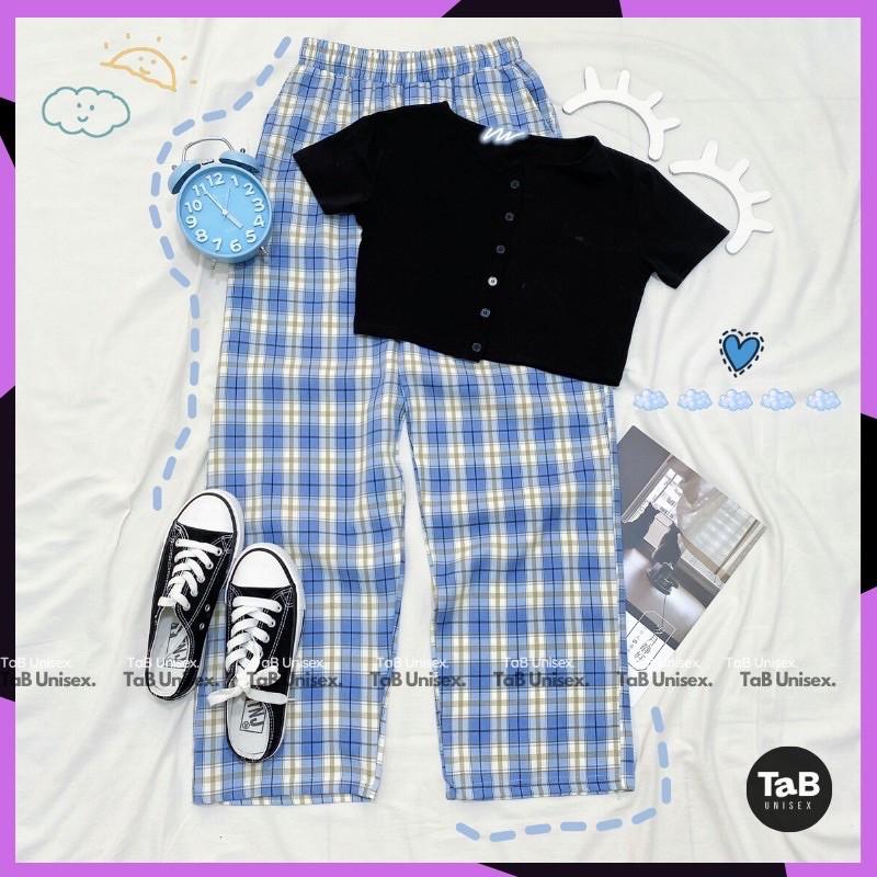 Quần Kẻ Nữ Cạp Chun Caro Lưng Cao Dáng Rộng Ống Suông ulzzang full màu hot Bống Store