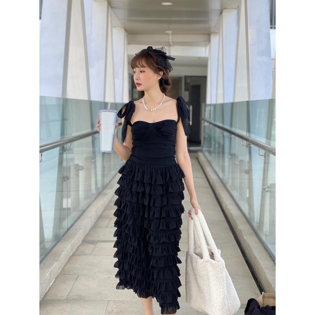 Váy Midi xếp tầng, lưng chun - Váy tầng Freesize