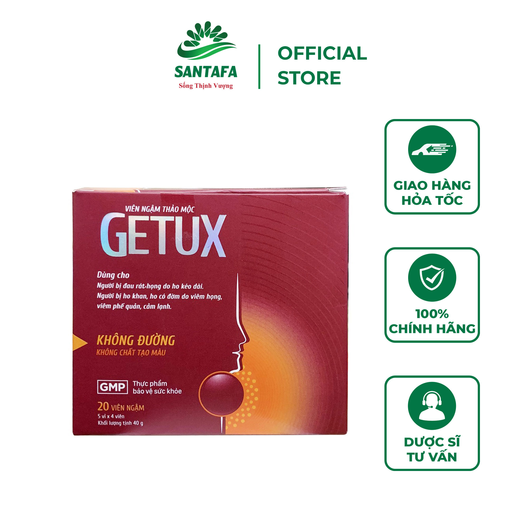 Viên Ngậm Thảo Mộc Giảm Ho Khan Đau Rát Họng GeTux - Hộp 20 Viên