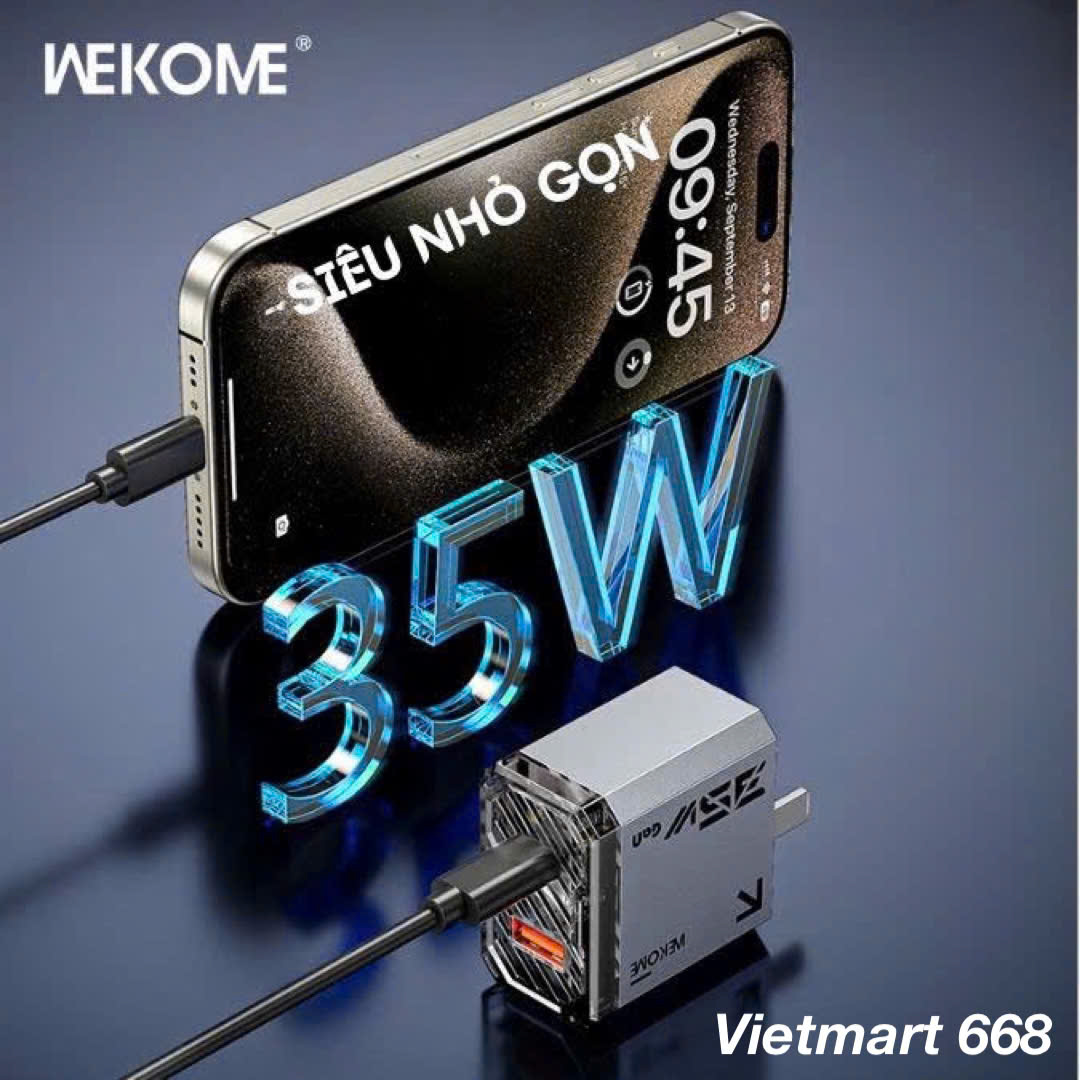 Củ Sạc Nhanh 35W WEKOME WP-U23 Hỗ Trợ Sạc Nhanh GaN 35W - Tích Hợp 2 Cổng TypeC + USB-A - Hàng Chính Hãng