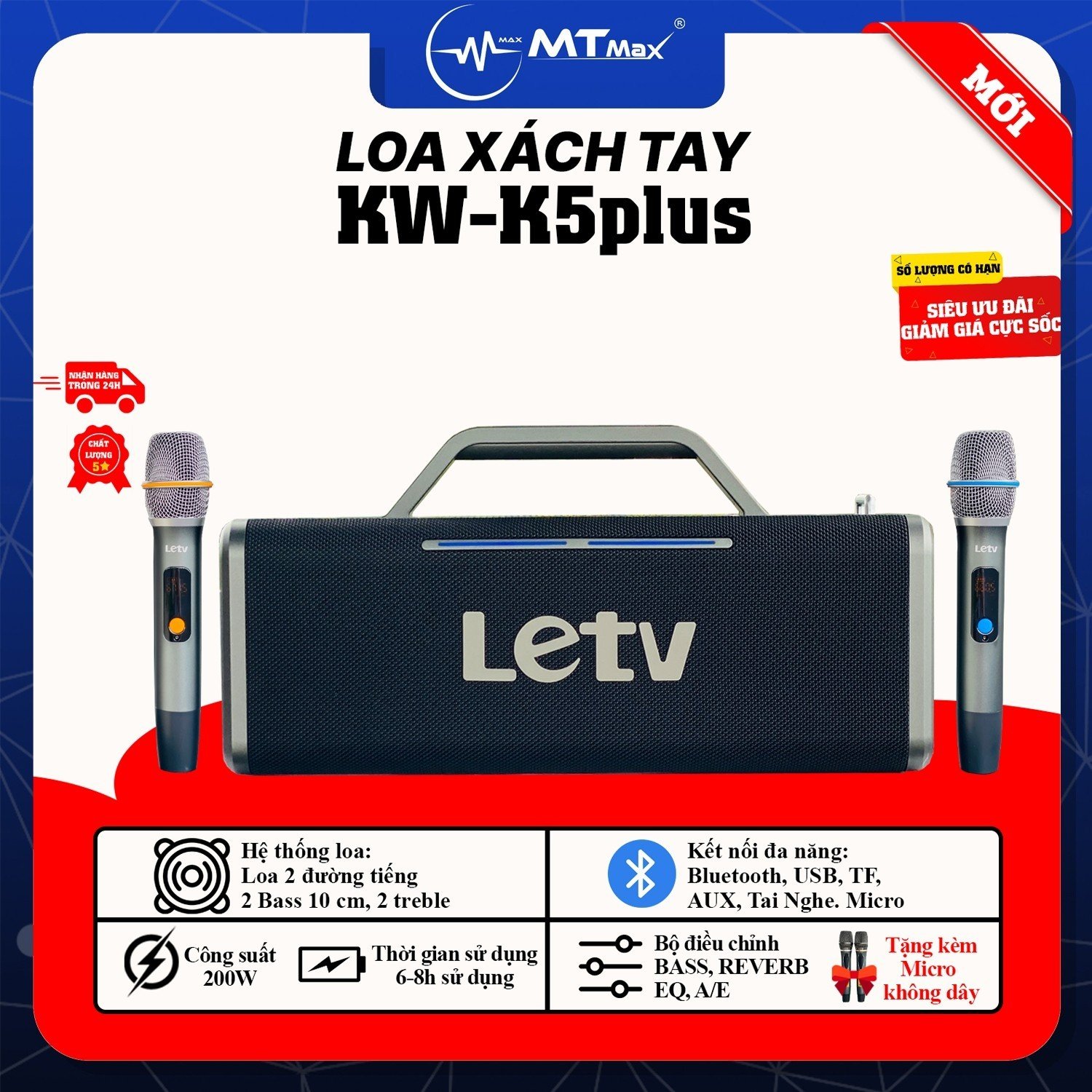 Loa Xách Tay Bluetooth KW K5Plus - Công Suất Cực Lớn 200W, Sử Dụng Liên Tục Đến 8 Giờ, Đèn LED RGB Nhiều Chế Độ, Âm Thanh Siêu Khủng, Tặng Kèm Micro Không Dây Karaoke.  hàng chính hãng