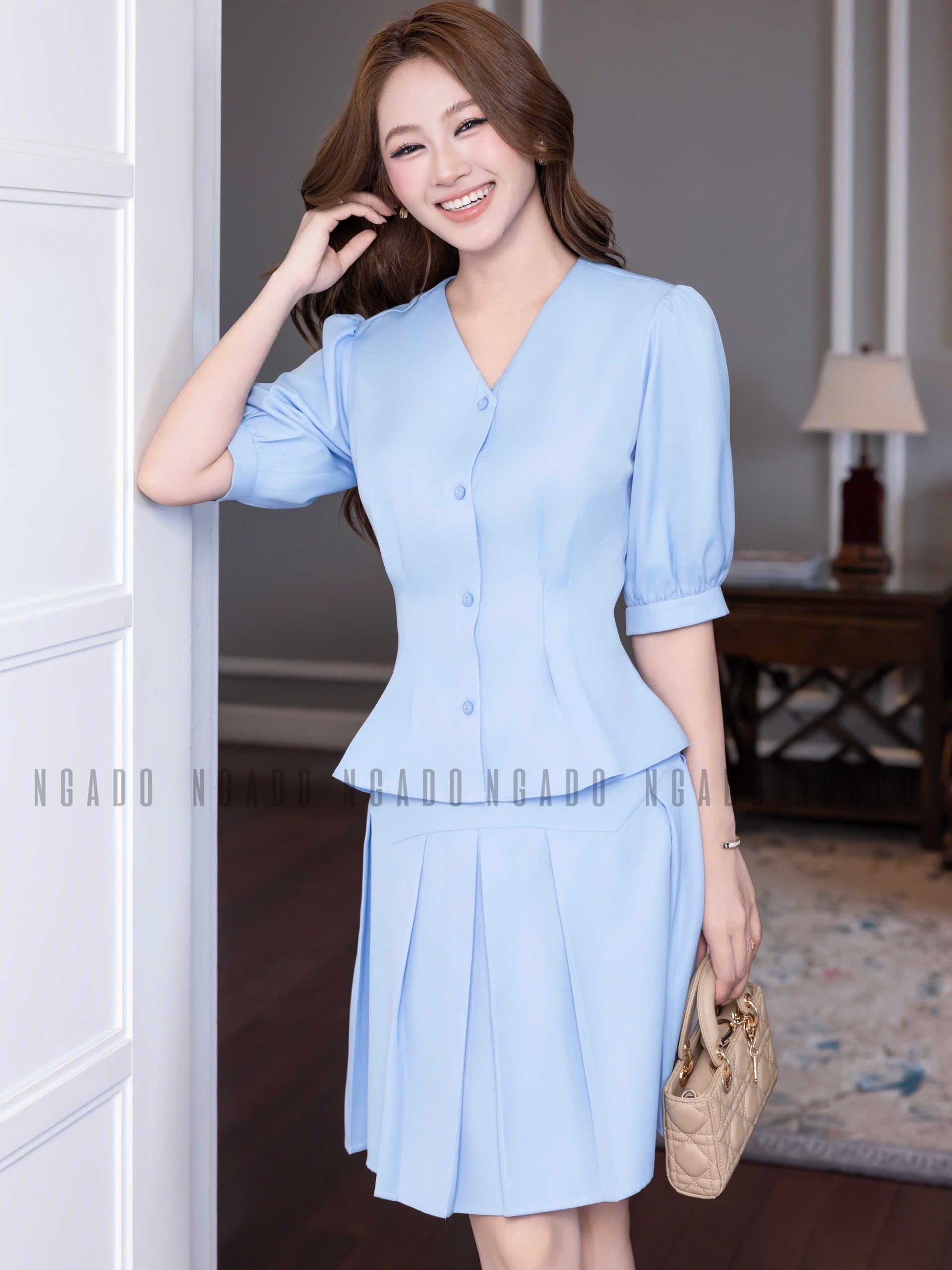 Set áo váy xanh biển tay lửng NGADO , set áo váy kiểu , set áo váy Nữ