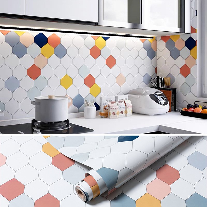 Decal dán bếp ô họa tiết lục giác sắc màu - lau chùi dễ dàng