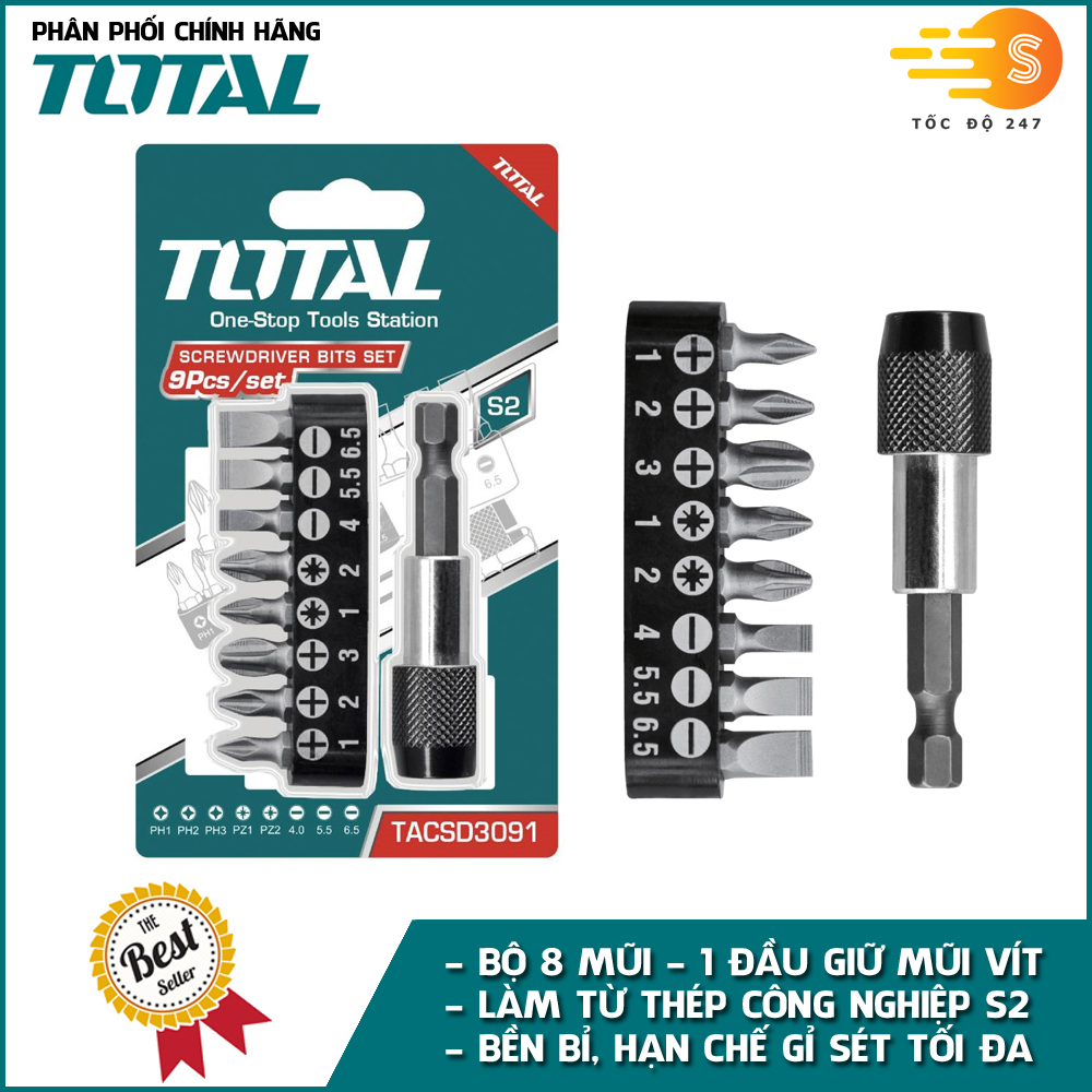 Bộ 9 mũi bắt vít thép chuyên dụng S2 TOTAL TACSD3091 - Có khay đựng, nhỏ gọn, đầu vít có từ tính