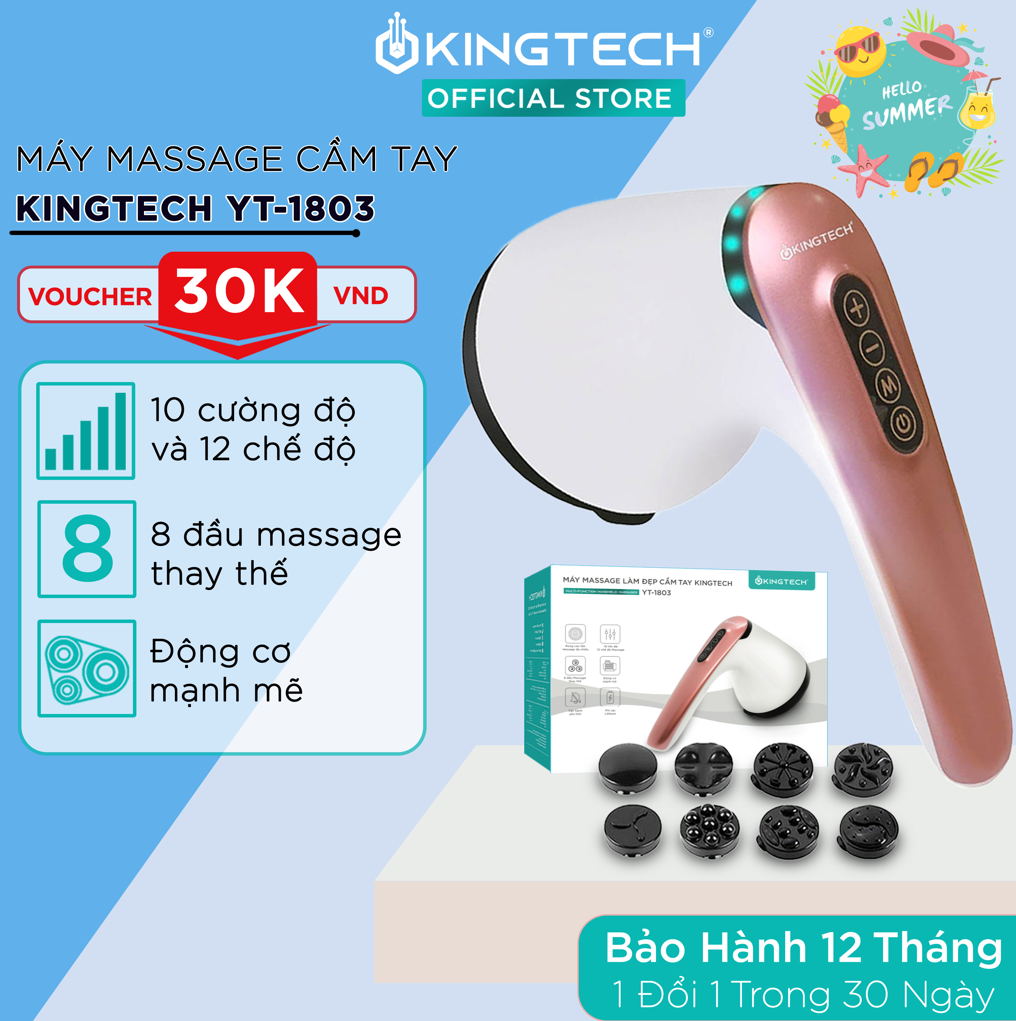 Máy Massage Cầm Tay Đa Năng KINGTECH YT-1803 - Mát Xa Không Dây Toàn Thân - Giảm Đau Cơ, Cứng Khớp Cho Cổ, Vai Gáy, Lưng, Chân, Cánh Tay - Hỗ Trợ Giảm Béo Vòng Bụng - Hàng Chính Hãng