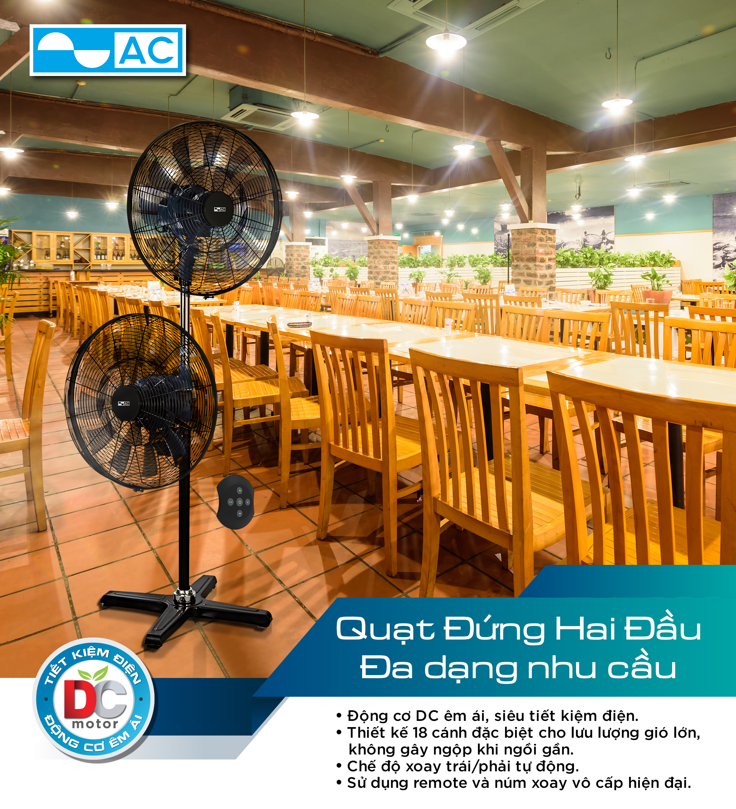 Quạt Công Nghiệp Hai Đầu AC (tổng 130W) động cơ DC - AIS02D1818 - Hàng chính hãng