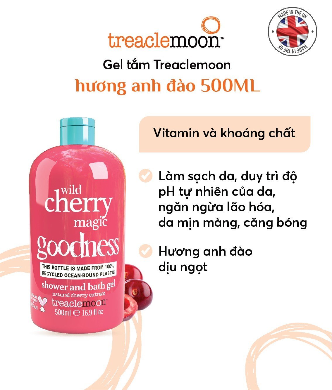 [ Tặng nước tẩy trang 100ml ] Gel tắm Treaclemoon chiết xuất anh đào 500ML