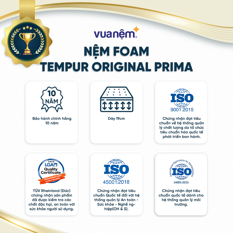 Nệm Foam Cao Cấp Tempur Original Prima - Chống truyền rung động tốt - Công nghệ CoolTouch tạo cảm giác mát mẻ, dễ chịu