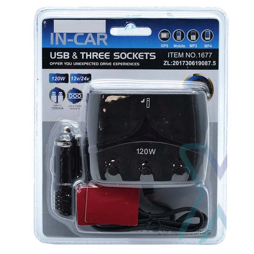 Bộ Chia Tẩu Sạc Dành Cho Xe Ô Tô 3 Cổng Tẩu & USB Model 1677 IN-CAR OLESSON