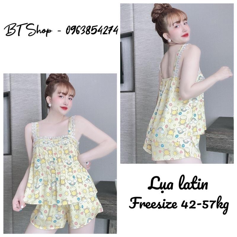Đồ bộ ngủ mặc nhà lụa latin hoạ tiết phối ren quần đùi freesize 42-57kg