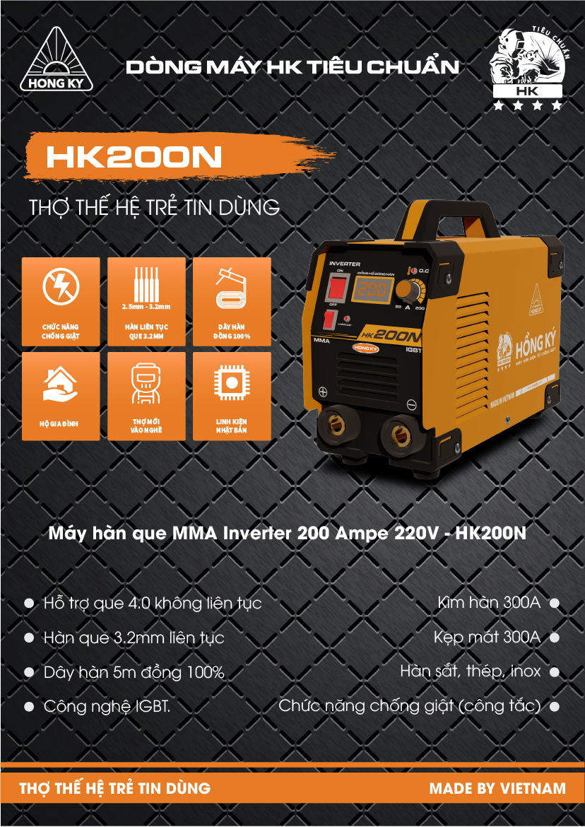 Máy hàn que MMA Hồng Ký Inverter 200 Ampe 220V HK200N