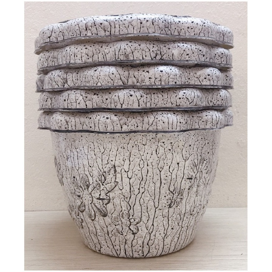 5 Chậu Nhựa Trồng Hoa, Cây Cảnh Hình Tròn Hoa Nổi Vân Gỗ 23x16 cm