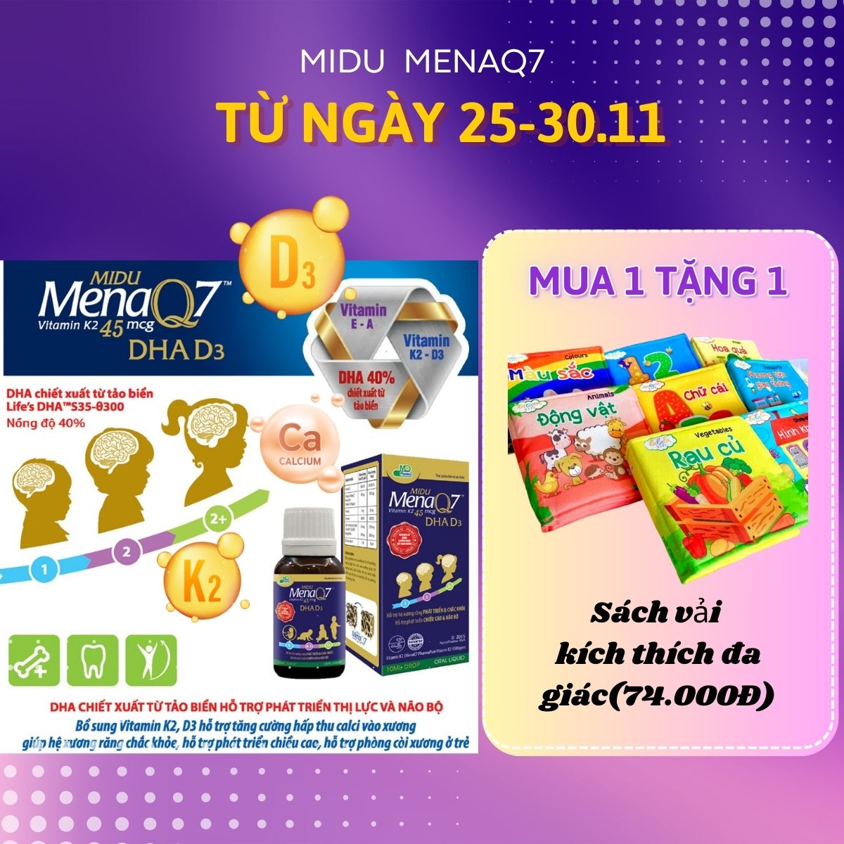 MIDU MENAQ7 DHA D3, hỗ trợ phát triển chiều cao, thị lực và não bộ, hỗ trợ phòng còi xương ở trẻ