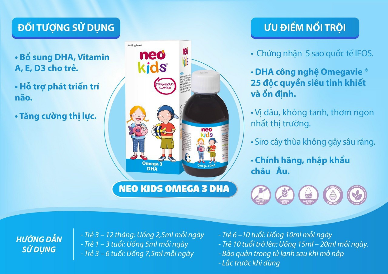 Siro NEO KIDS Omega 3 + DHA Vị Dâu Tây Thơm Ngon (Chai 150ml) - Nhập Khẩu Từ Châu Âu - Hỗ Trợ Phát Triển Trí Não, Tăng Cường Thị Lực 