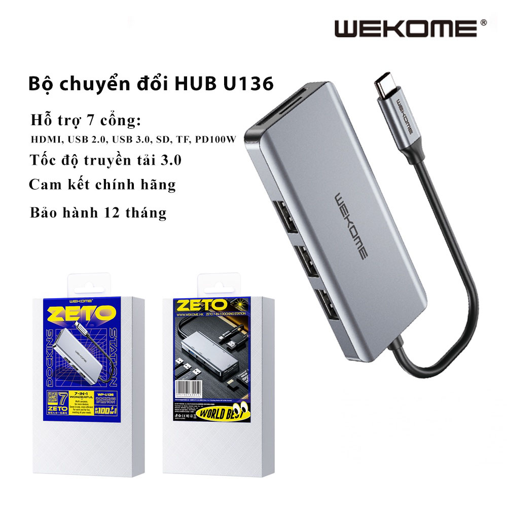 HUB USB 3.0 U136 Hàng Nhập Khẩu WEKOME cho laptop - Cổng chuyển đổi HUB USB Type-C-USB2.0/HDMI/USB3.0/SD/TF/PD