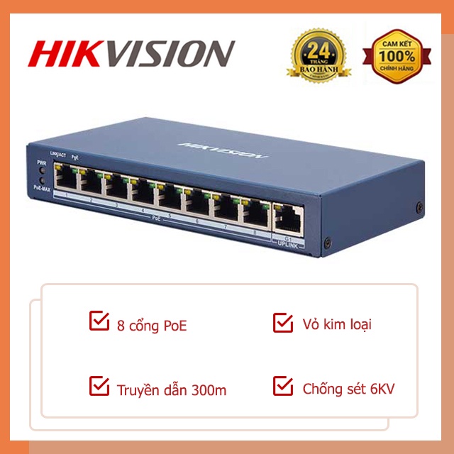 DS-3E0109P-E/M POe. Switch mạng 8 cổng Hikvision DS-3E0109P-E/M. Vỏ sắt sơn tĩnh điện , PoE 100M, 1 cổng uplink 10/100M , layer 2, chống sét 4KV