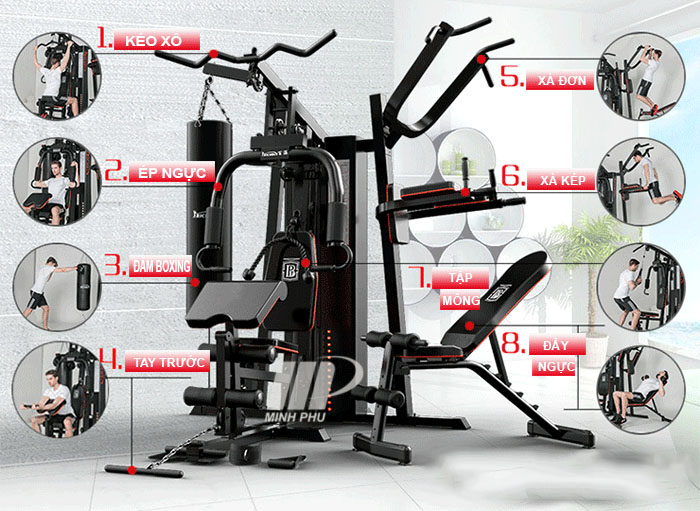 [TẶNG GĂNG TAY] Giàn tạ đa năng JL-808  Máy tập GYM gia đình 30+ bài tập | Có xà đơn - xà kép - bao đấm - Ghế đẩy tạ