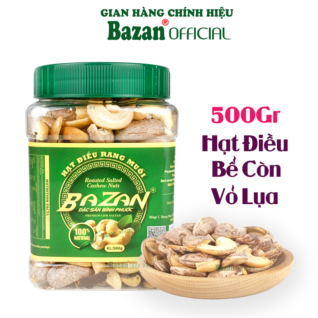 Hạt điều rang muối Bazan Bình Phước bể đôi hạt dinh dưỡng A+ loại 1 hộp 500g nắp xanh bể còn vỏ lụa