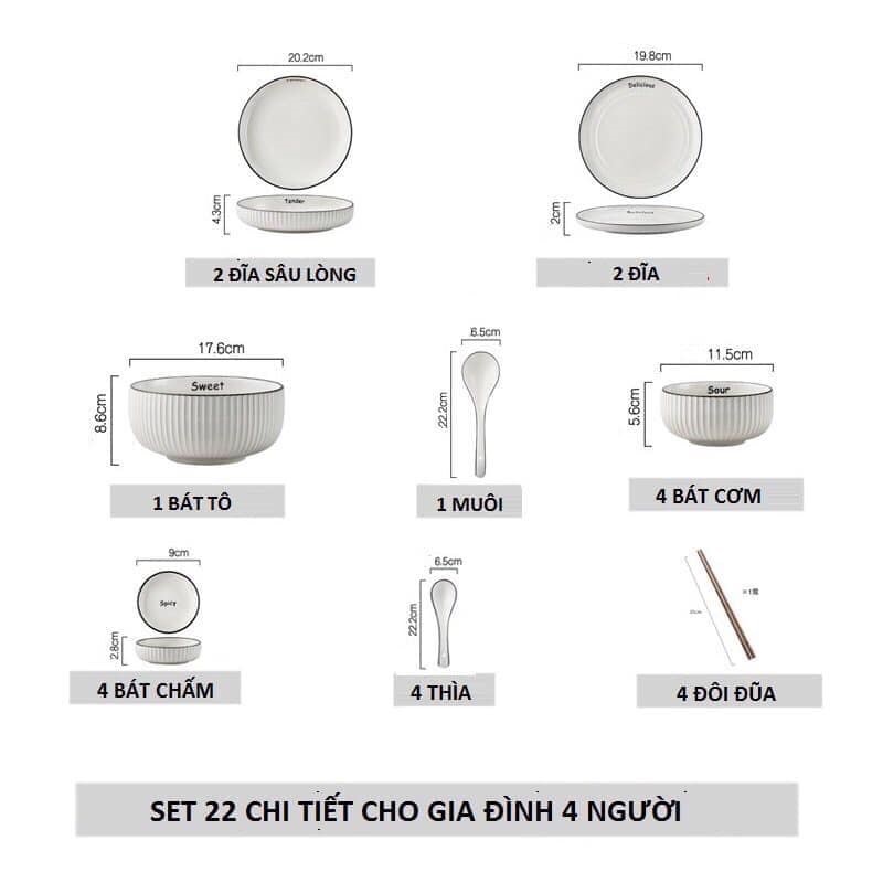 Set trắng vân sọc 22 chi tiết phong cách Bắc Âu cho 4 người