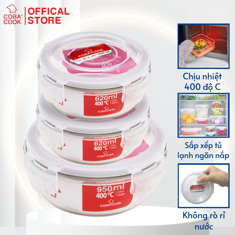 Bộ 3 hộp thủy tinh hình tròn trữ thực phẩm chịu nhiệt 1 hộp 950ml 2 hộp 620ml COBA'COOK-CCR9R63