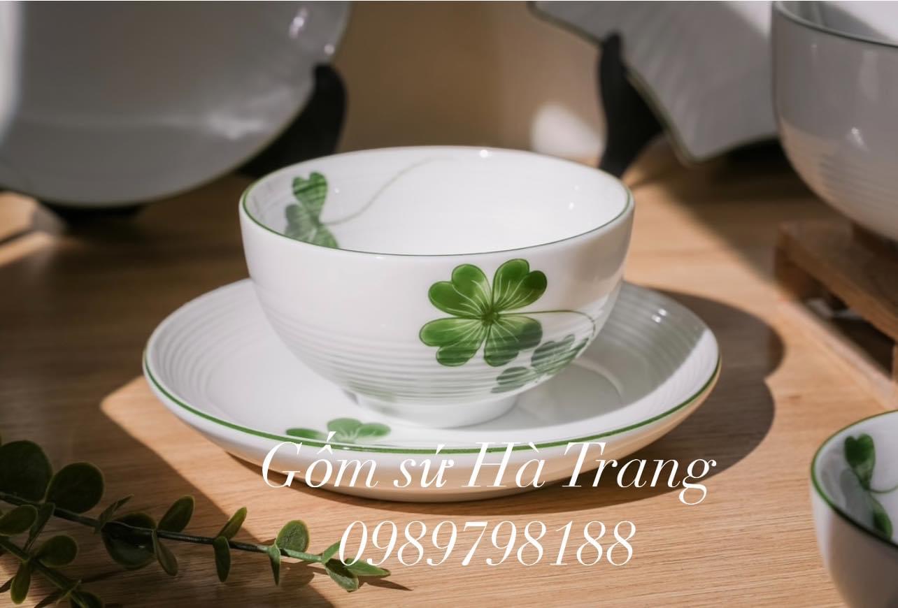 Set bát đĩa gốm sứ Bát Tràng cao cấp vẽ tay hoạ tiết cỏ bốn lá may mắn