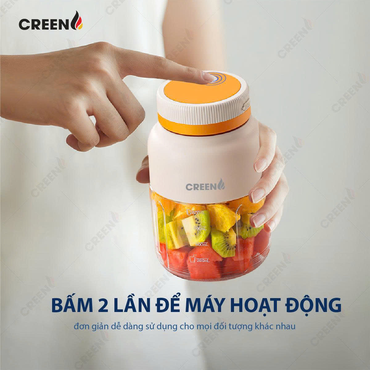 Máy Xay Sinh Tố Cầm Tay CREEN CR-BL800, Dung tích 800ml 80W, Pin Lithium 3000mAh, Lưỡi Kép 38 Cánh - Hàng Chính Hãng