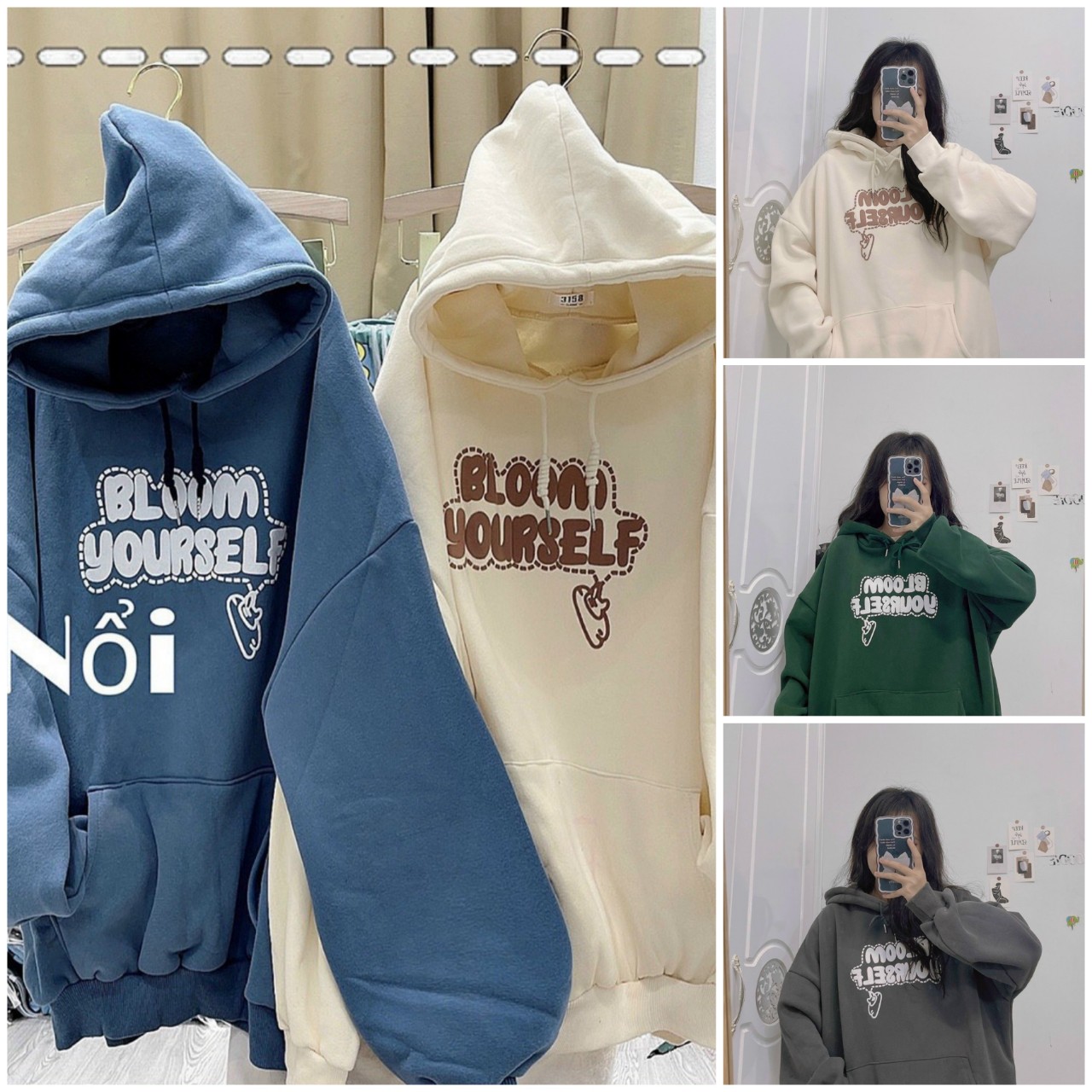 Áo Hoodie BLOOM YOURSELF Phối Túi Form Unisex Hàn Quốc -FREESHIP Khoác Len Nỉ Nón Mũ Nam Nữ ,Cặp Đôi