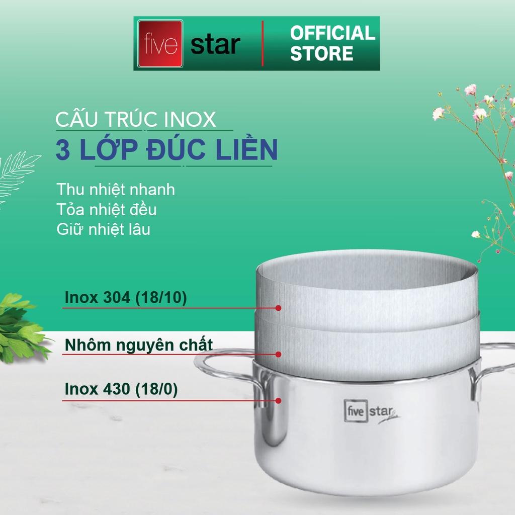 Bộ nồi 3 lớp đáy liền inox 304 cao cấp Fivestar Plus 4 món quai oval nắp kính , dùng được mọi bếp , tặng 1 vá canh