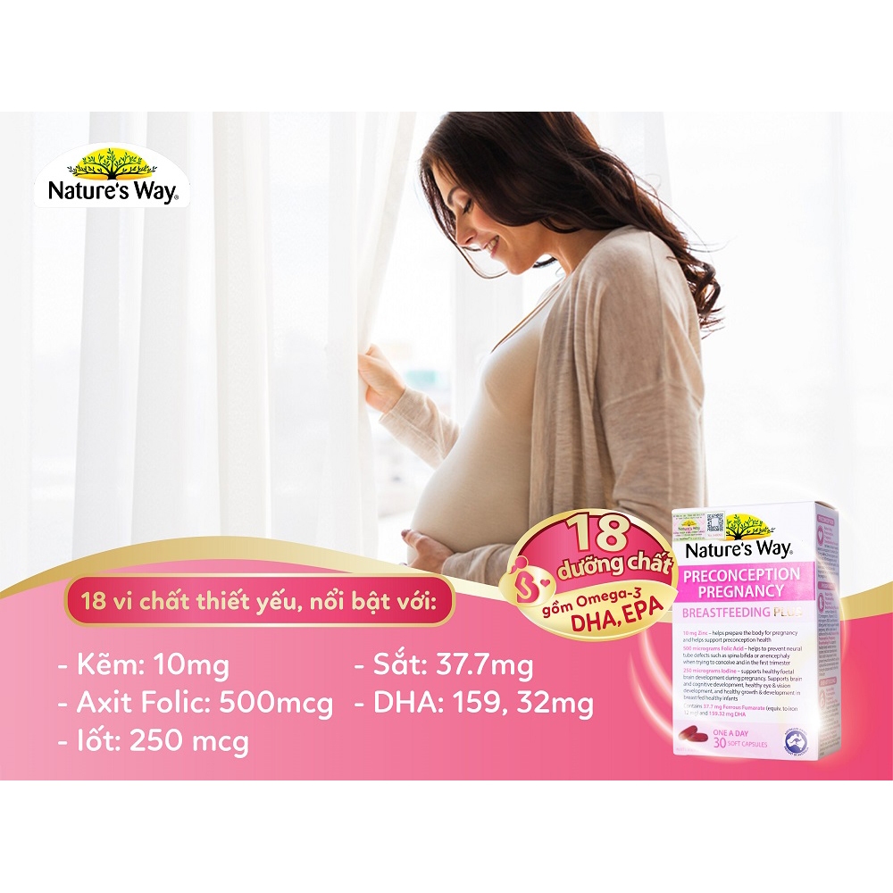 Vitamin Bầu Nature's Way PreConception Pregnancy Breastfeeding Plus - Bổ Sung Vitamin Tổng Hợp Cho Bà Bầu (Hộp 30 Viên)