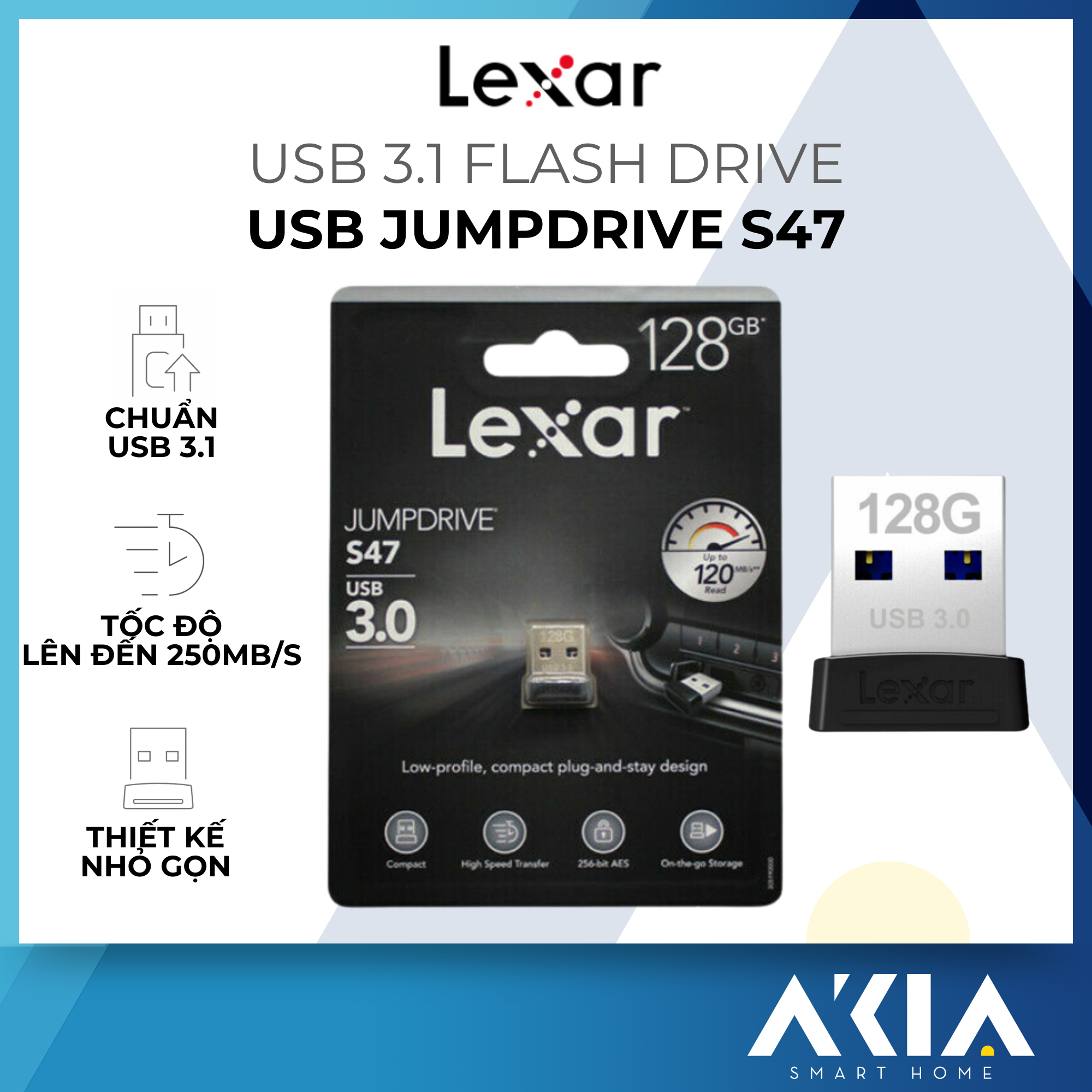 USB 3.1 Lexar S47 JumpDrive Flash Drive - Chuẩn USB 3.1, Tốc độ đọc 250mb/s - HÀNG CHÍNH HÃNG
