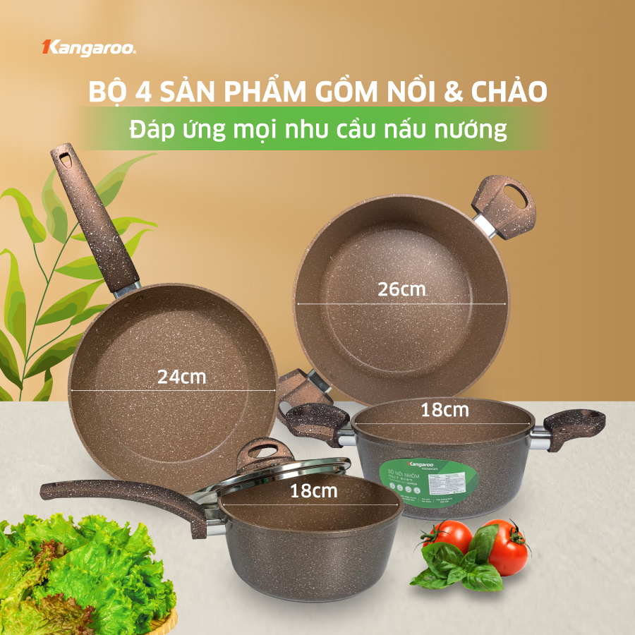 Bộ Nồi Chảo Nhôm Vung Kính Kangaroo KG992M