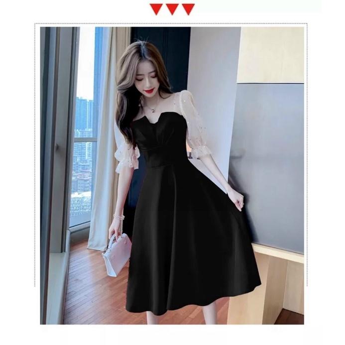 Đầm xoè cổ vuông xếp ly ngực, tay lỡ phong cách tiểu thư dịu dàng sang chảnh
