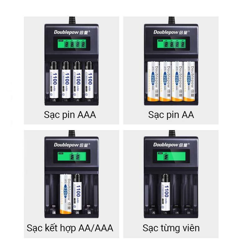 Combo Bộ Sạc Pin AA, AAA Doublepow K93B tự ngắt khi đầy Tốc Độ Cao Hiển Thị Màn Hình LCD kèm pin sạc aa 3000mAh