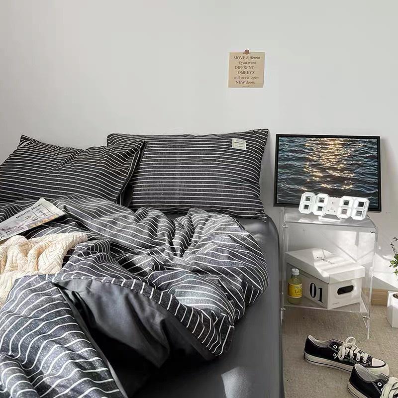 Bộ Vỏ chăn ga gối Cotton TC Nhà Nhím Chăn ga gối kẻ sọc caro 4 món