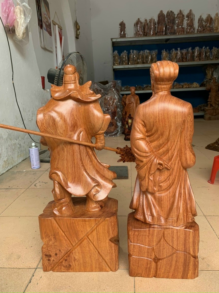 Cặp tượng quan văn ,quan võ song toàn ,khổng minh gia cát lượng ,và tượng quan công bằng gỗ hương đá kt cao 60×16×15cm