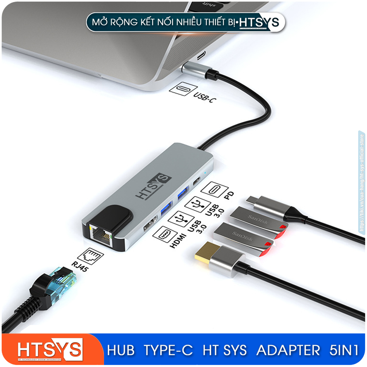 Hub Chuyển Đổi USB Type C HT SYS 5 in 1 To HDMI, USB 3.0, Lan, PD 100W - Hàng Chính Hãng