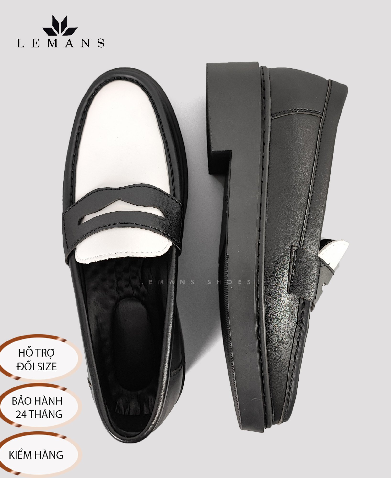 [TẶNG XI KO MÀU] Giày Penny Loafer da bò Trắng đen LEMANS, đế tăng chiều cao 4cm cho nam, giầy da, bảo hành 12-24 tháng