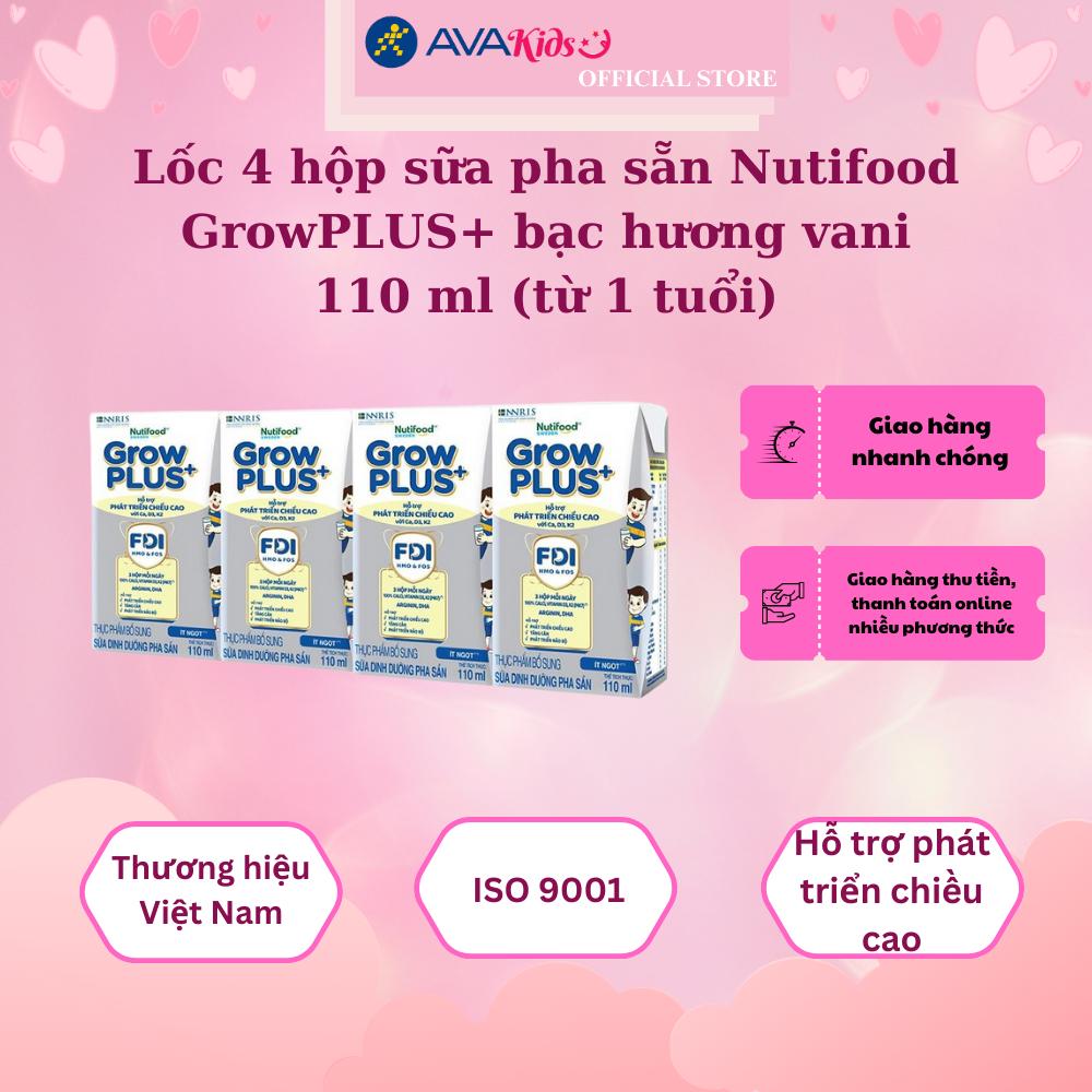 Lốc 4 hộp sữa pha sẵn Nutifood GrowPLUS+ bạc hương vani 110 ml (từ 1 tuổi)