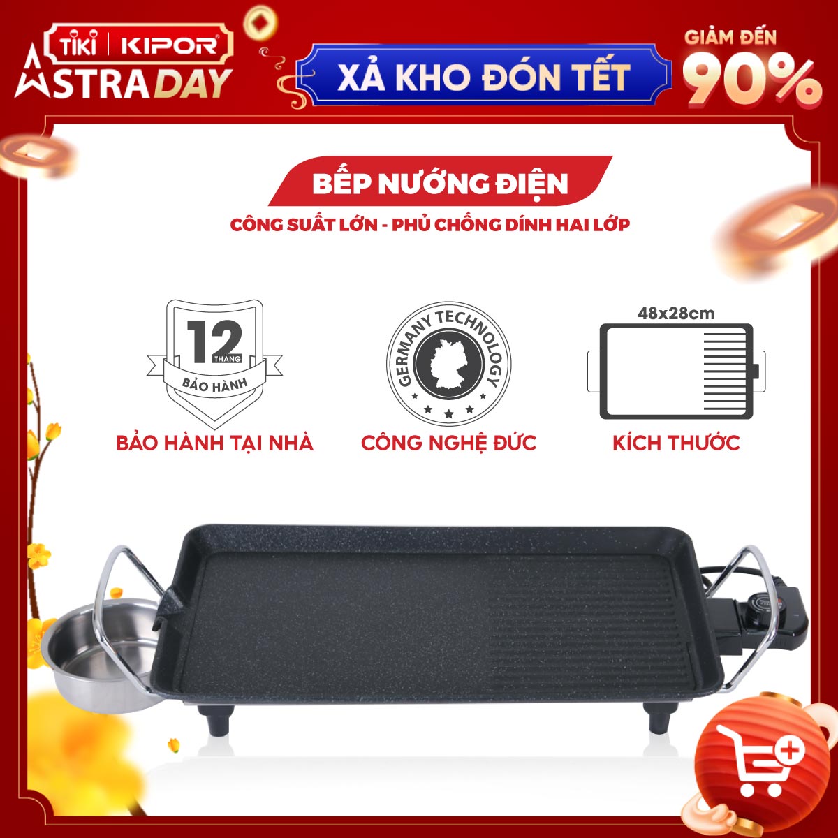 Bếp nướng điện không khói KIPOR KP-GR4828 - Mặt bếp lớn phủ chống dính WHITFORD của USA cao cấp dễ vệ sinh -Hàng chính hãng